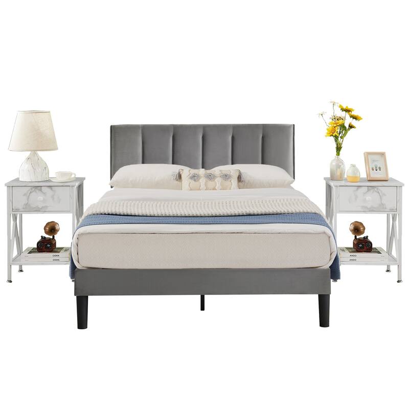 VECELO 3-Pieces Bedroom Sets Upholstered Bed Frame and Nightstands Set of 2 Dark Grey Platform Bed Frame