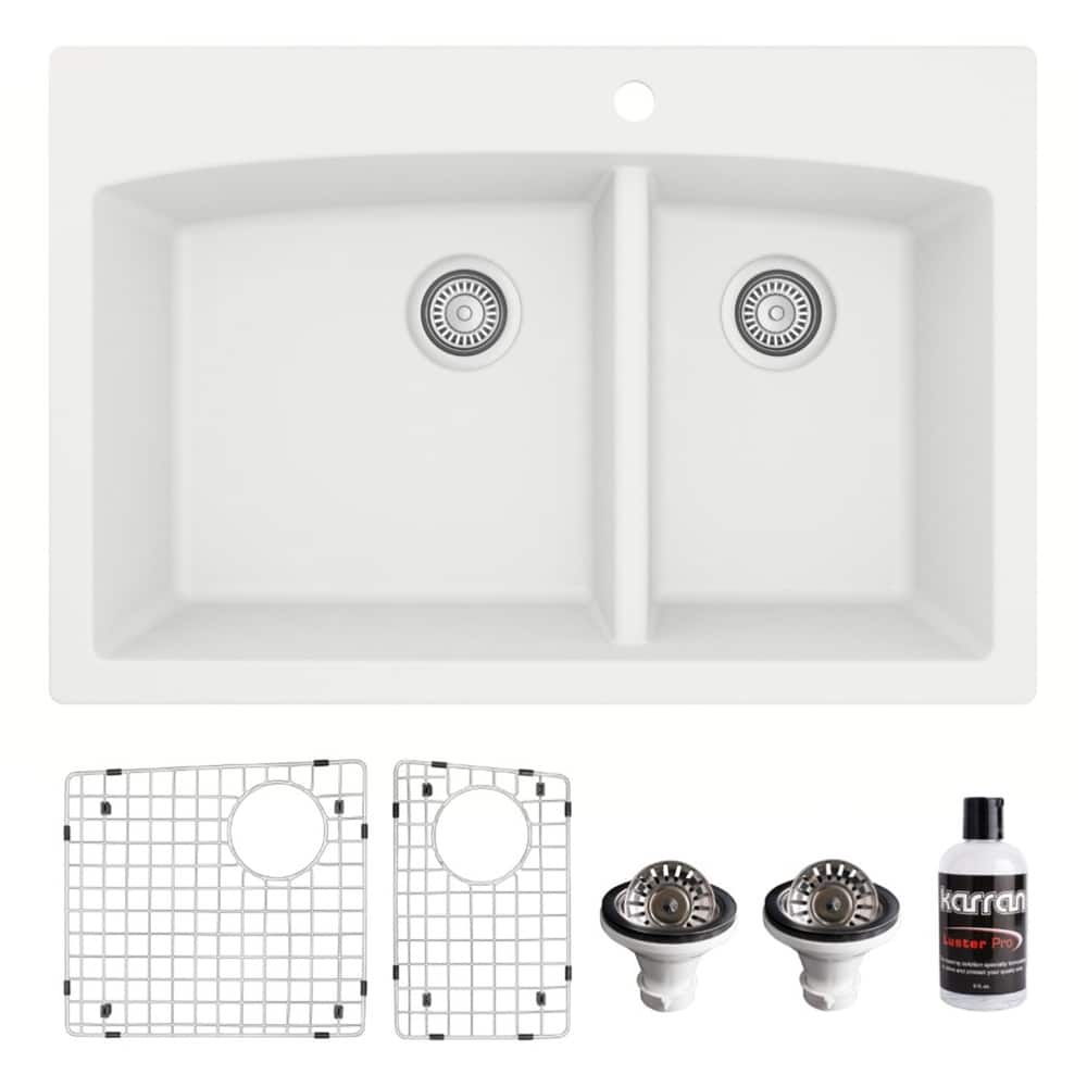 Karran Drop-In Quartz 33 in. 1-Hole 60/40 Double Bowl Kitchen Sink Kit