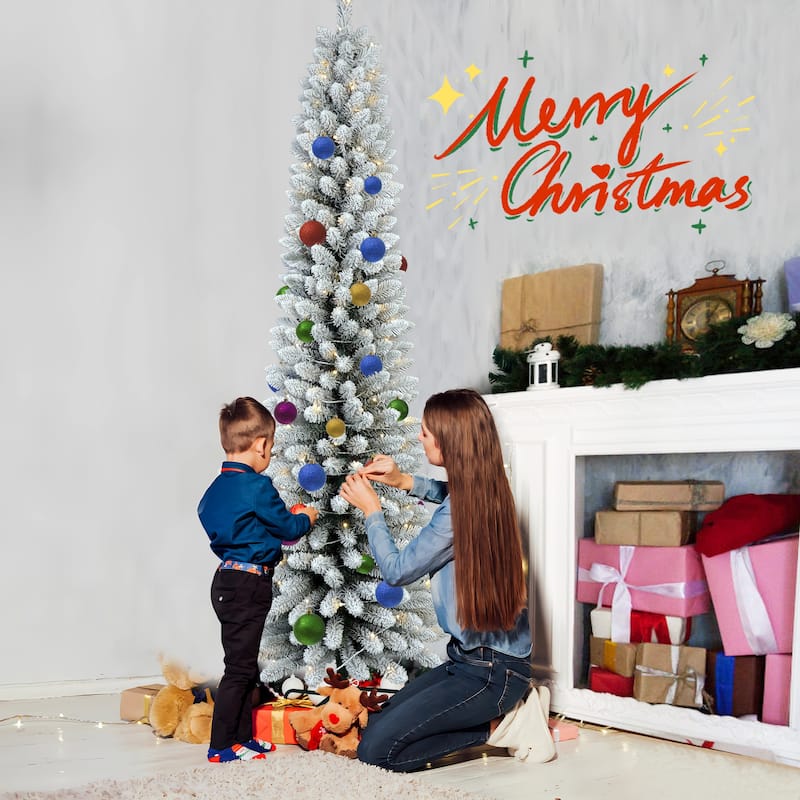6FT Flocked Pencil Christmas Tree with 150 Warm White LED Lights-Slim Snowy PVC Tree with 358 Tips
