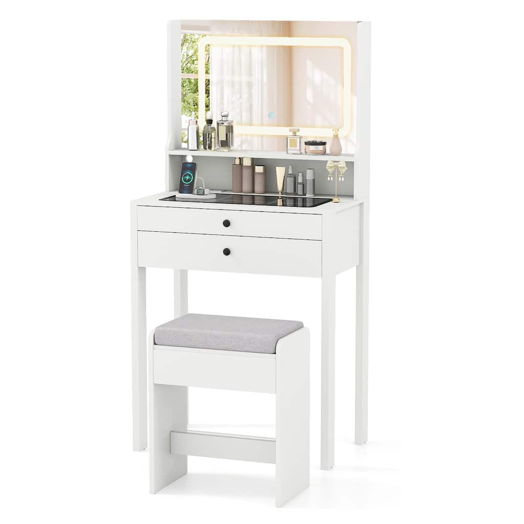 Gymax Small Vanity Desk w/Mirror Lights Charging Station Glass Top