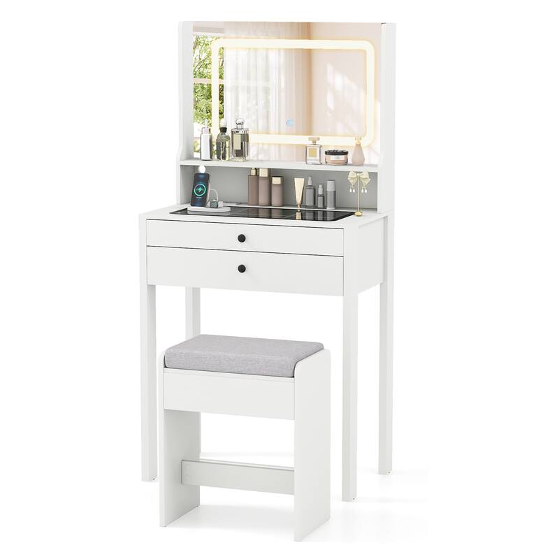 Gymax Small Vanity Desk w/Mirror Lights Charging Station Glass Top - White