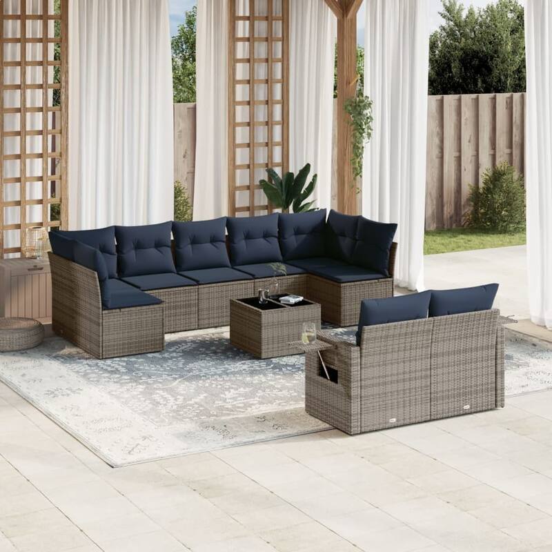 vidaXL Patio Sofa Set with Cushions Outdoor Conversation Furniture Poly Rattan - 24.4 x 24.4 x 27.2 - Grey and Blue-With table