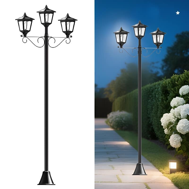 72" Triple-Head Antique LED Solar Lamp Post Light, Waterproof Outdoor - Black