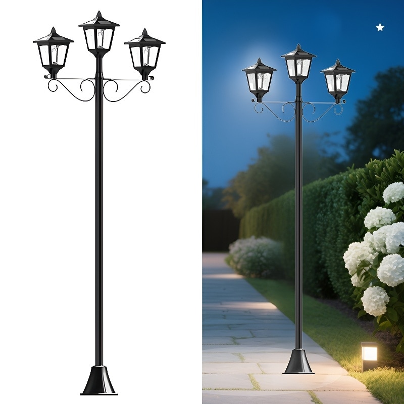 72" Triple-Head Antique LED Solar Lamp Post Light, Waterproof Outdoor - Black
