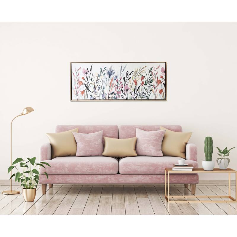 "Colorful Wildflowers" Watercolor Print on Gold Floating Framed Canvas Wall Art