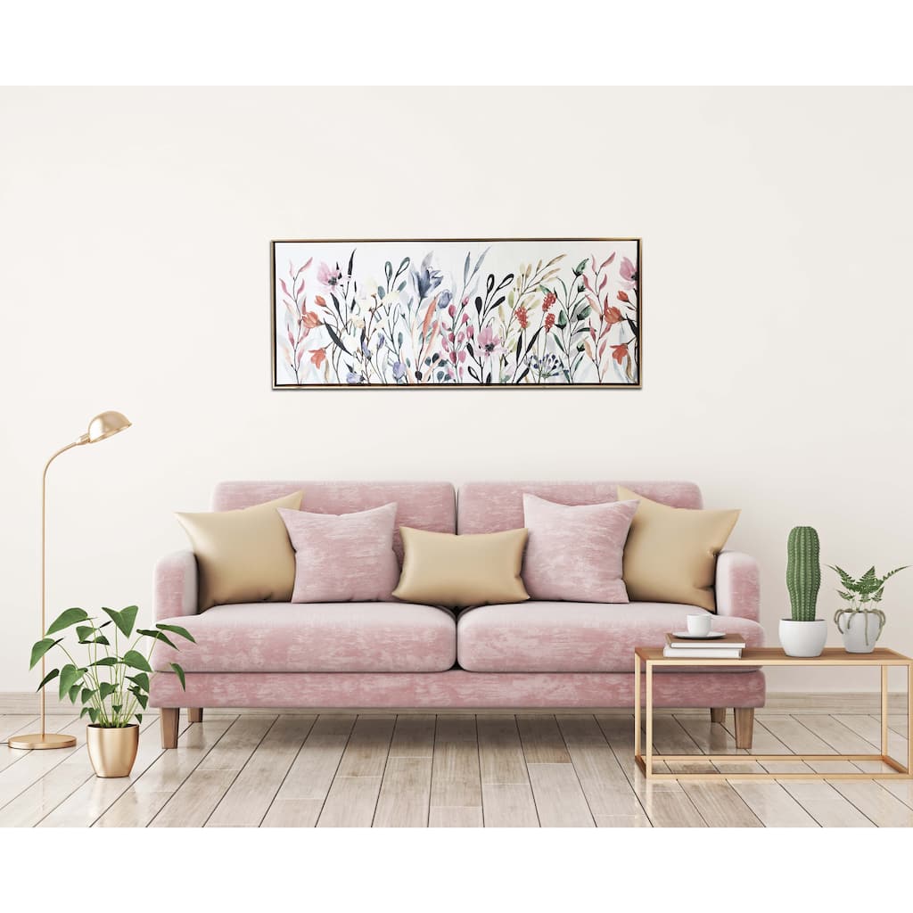 "Colorful Wildflowers" Watercolor Print on Gold Floating Framed Canvas Wall Art