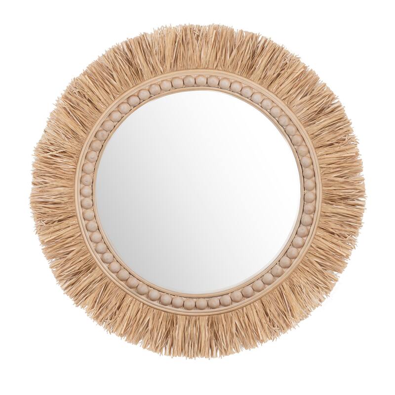Rattan Round Mirror with Natural Accents and Fringe
