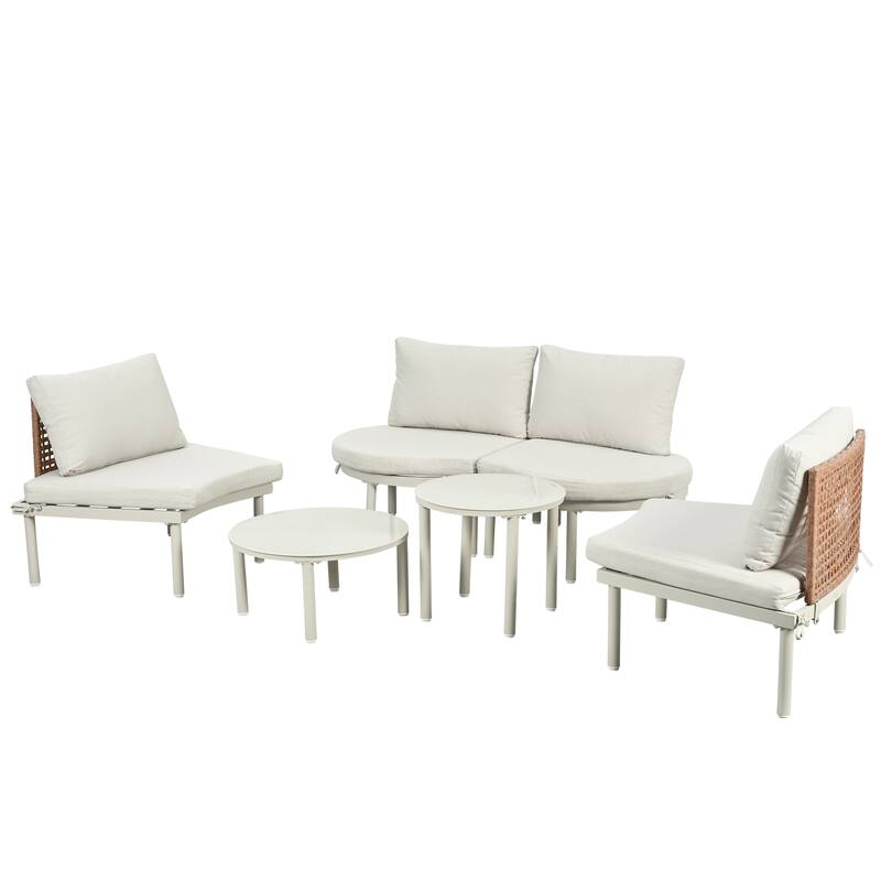 6-Piece Patio Sofa Furniture Set, Outdoor Sectional Sofa with 2 High-Low Coffee Tables, Tempered Glass, 4 Pillows & Cushions
