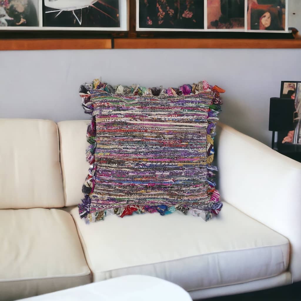 HomeRoots 26" X 26" Blue and Red Weave Zippered Pillow With Fringe