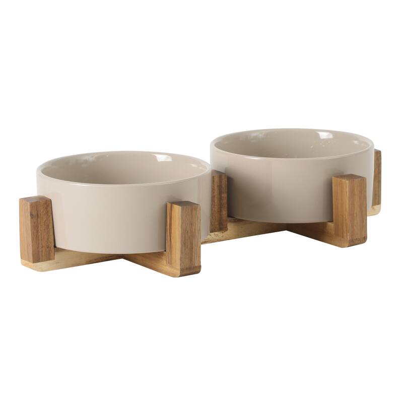 Gibson Home Zoomie Bites Ceramic Dog and Cat 5.5in Bowl with Acacia Wood Stand Non-Slip Matte Glaze Weighted Food Water Set