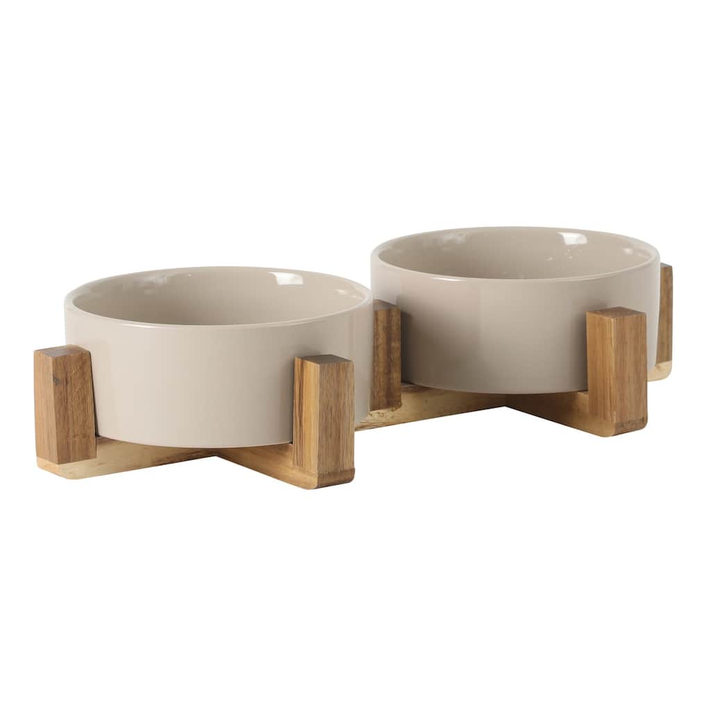 Gibson Home Zoomie Bites Ceramic Dog and Cat 5.5in Bowl with Acacia Wood Stand Non-Slip Matte Glaze Weighted Food Water Set