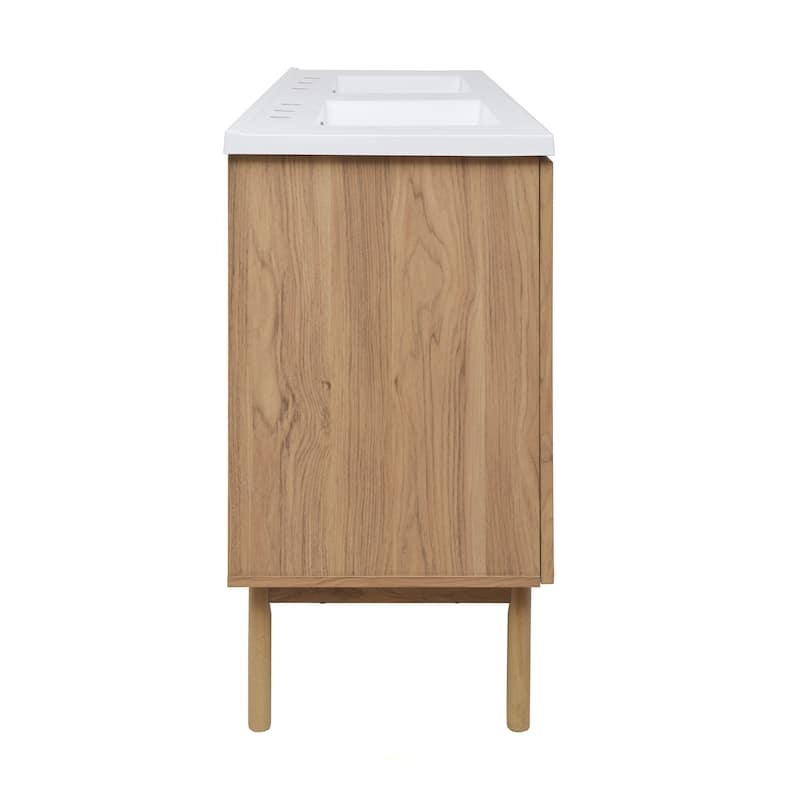 Classe 60 In. Brown Oak, Double Basin Bathroom Vanity With White, 3-Hole ArtificialStone Sink Top
