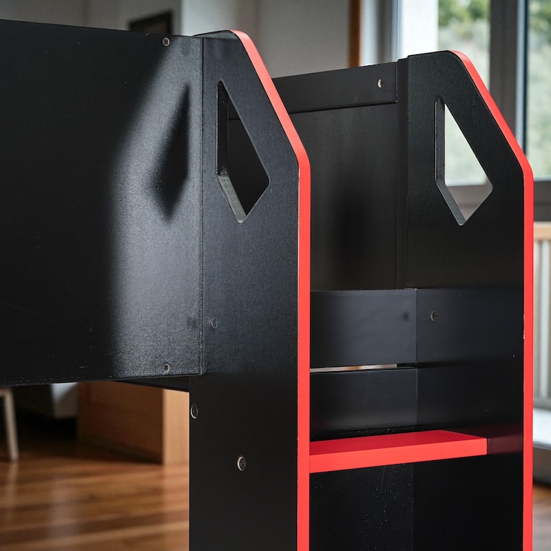 Full Size Wood Loft Bed with Adjustable Desk, Drawers, Storage Shelves, Hanging Rod and RGB LED Lights
