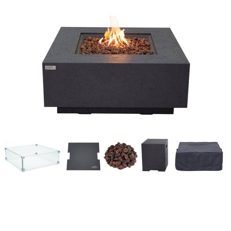 AMS Fireplace Brooklyn Travertine Fire Pit Bundle - 40" x 40" x 17" - Dark Grey - Propane