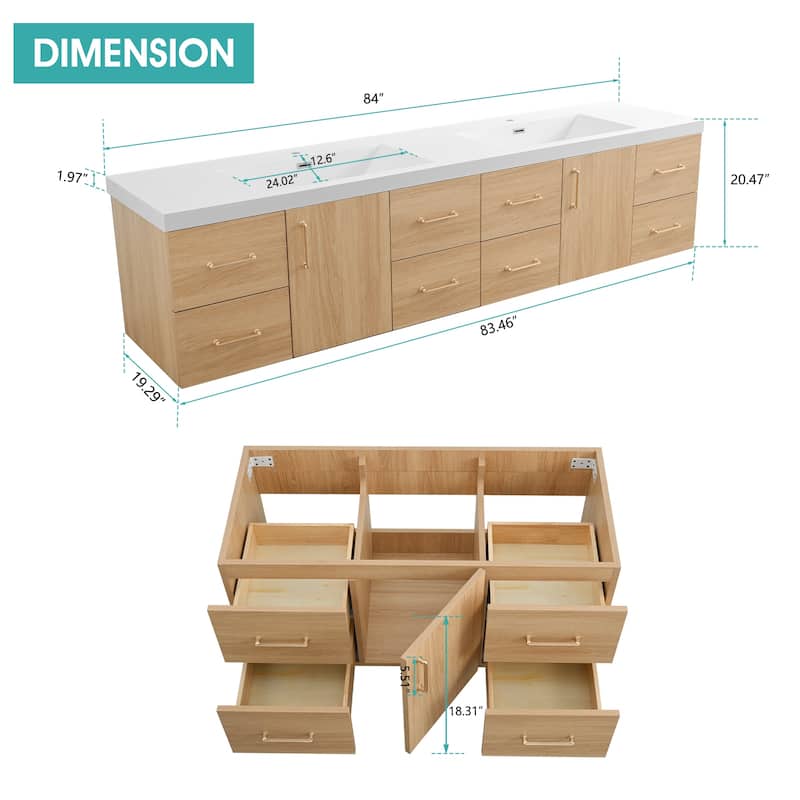 Prismella 60" 72" 84" Wall-Mount Double Sink Bathroom Vanity in Oak with Top