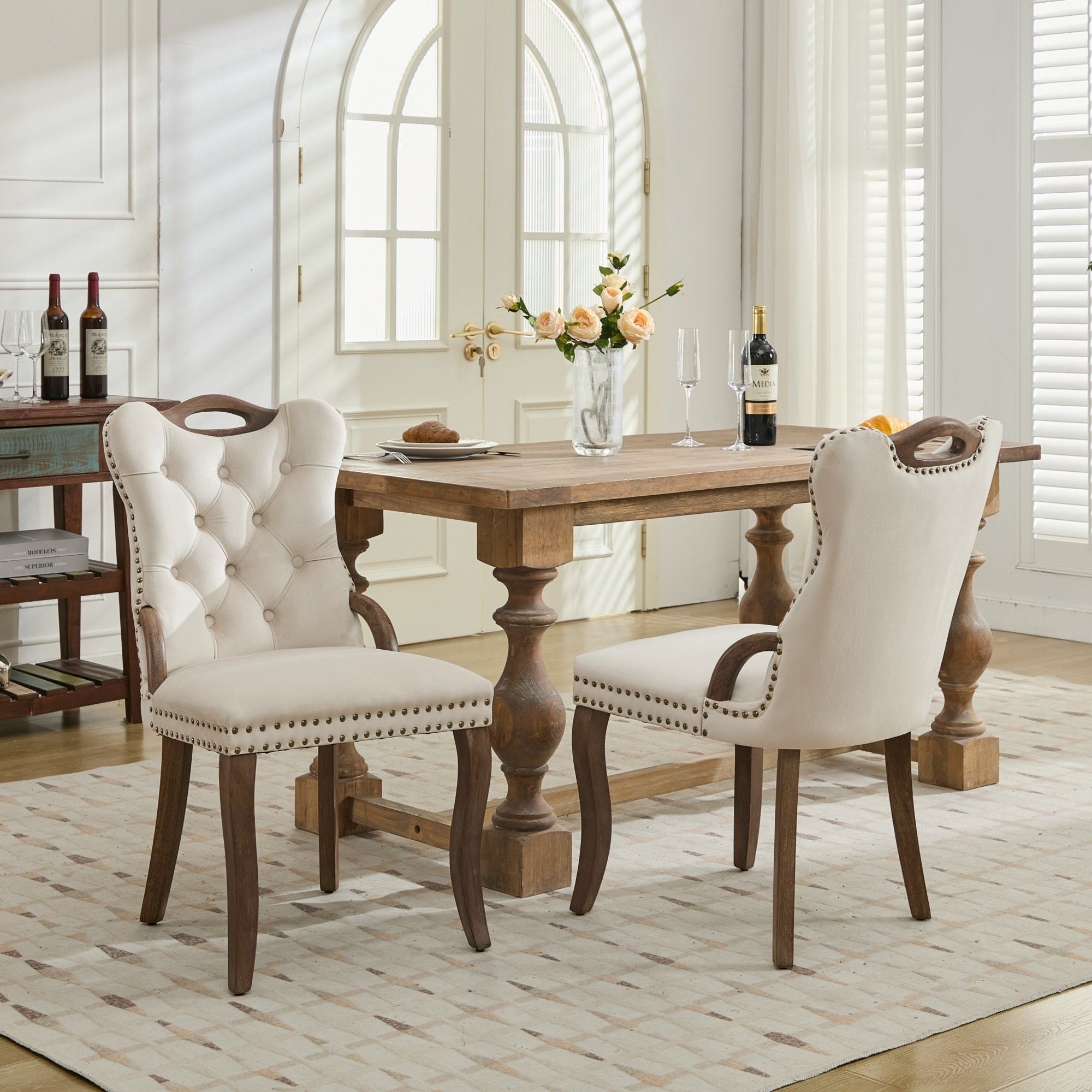 GDFStudio - Velvet Wing-Back Dining Chair with Handmade Tufted Trim & Curved Wood Legs, Set of 2