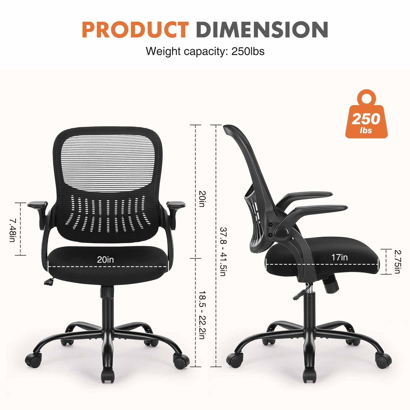 Home Office Office Chair - With Wheels, Ergonomic Home Office Chair With Flip-up Arms And Lumbar Support, Mesh Swivel Rolling Chair Height Adjustable, Tilt And Lock, Computer Desk Chair, Grey Desk Chairs