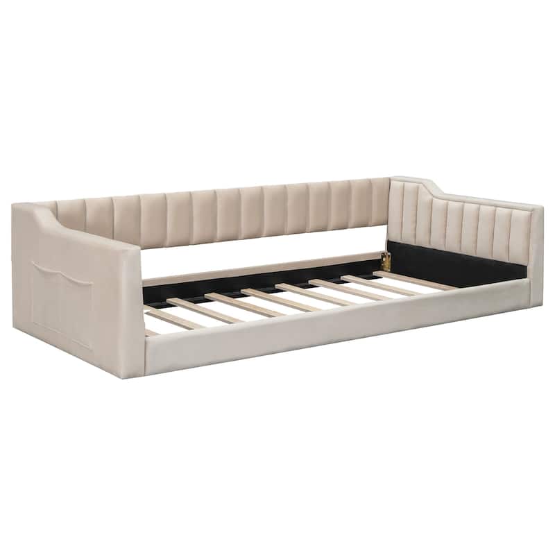 Twin XL Velvet Upholstered Daybed with Side Storage Pocket, Sloped Arms, and No-Box Spring Support