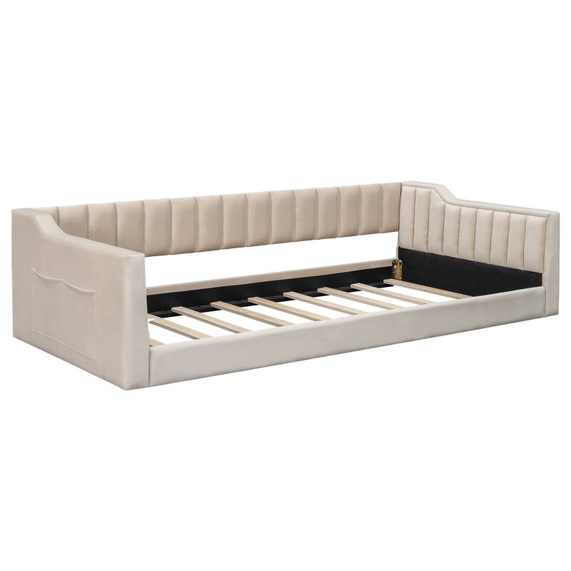 Upholstered Daybed with Sloped Arms and Side Pocket, Vertical Stripes Grounded Daybed with Wood Slat Support, Velvet Fabric