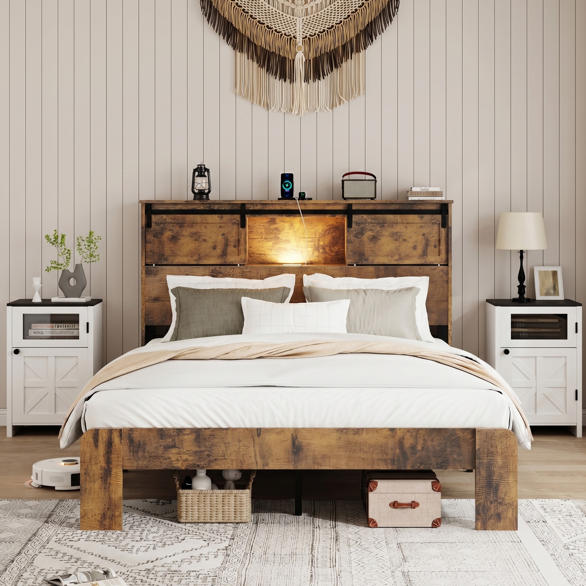 Queen Size Bed, Metal Bed Frame With Charging Station, No Need For Box Spring, No Noise, Easy To Assemble