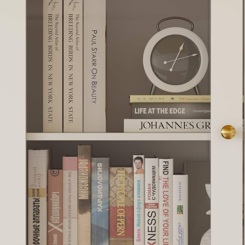 Bookcase Display Cupboard Curio Cabinet 2 Glass Door White Lacquer - 70.9"Hx31.5"W