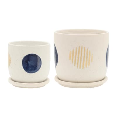 Set of 2 Ceramic Planters 5" & 6" White Planters on Saucers Contemporary Funky Circle Design For Indoor or Outdoor