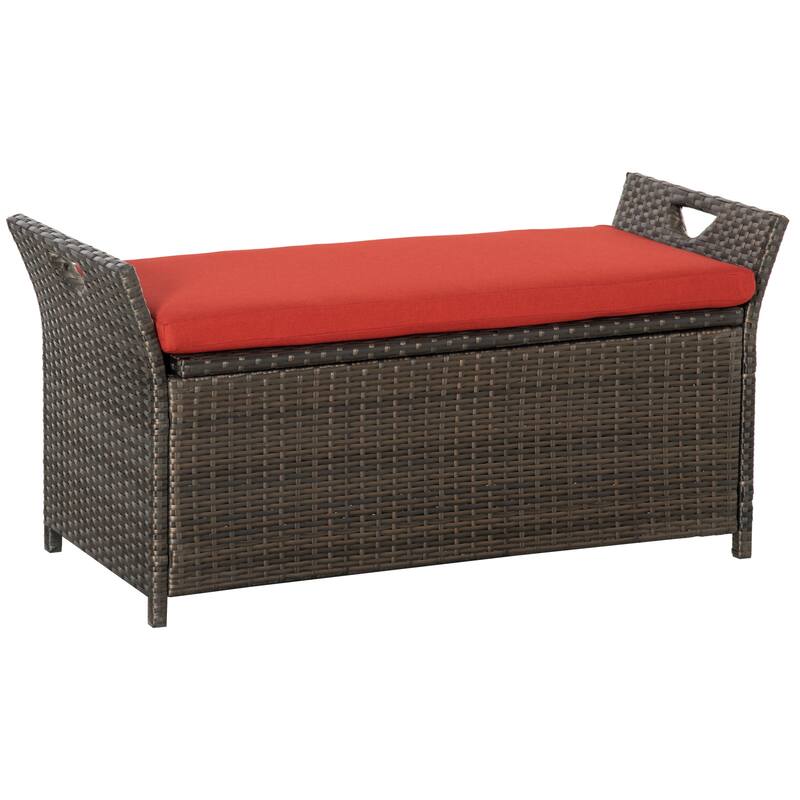 Simple Storage Bench with Rattan Decoration Entryway Bench, Upholstered Seat Window Bench Decorative Bench with Handles - Red