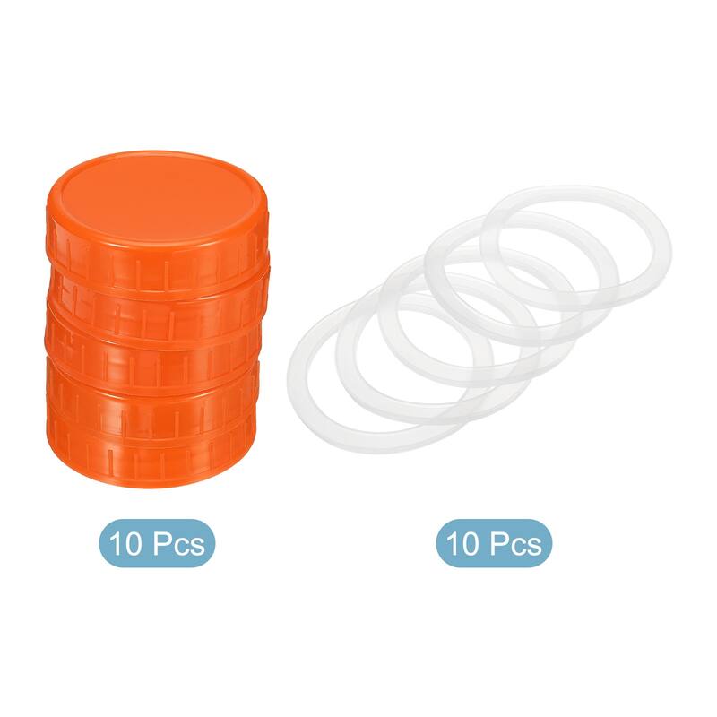 70mm Mouth Plastic Mason Jar Lids, 10Pcs Canning Caps w Sealing Ring - Orange