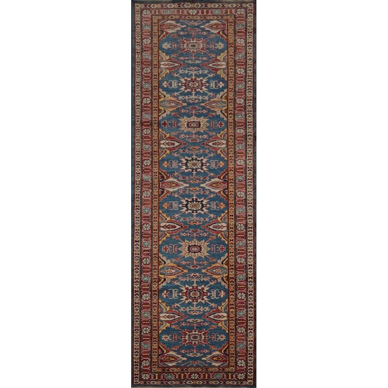 Hand Knotted Oriental 100% Wool Carpet Traditional Geometric Navy Blue & Blues Kazak Runner Rug - 9' 11'' X 2' 7''
