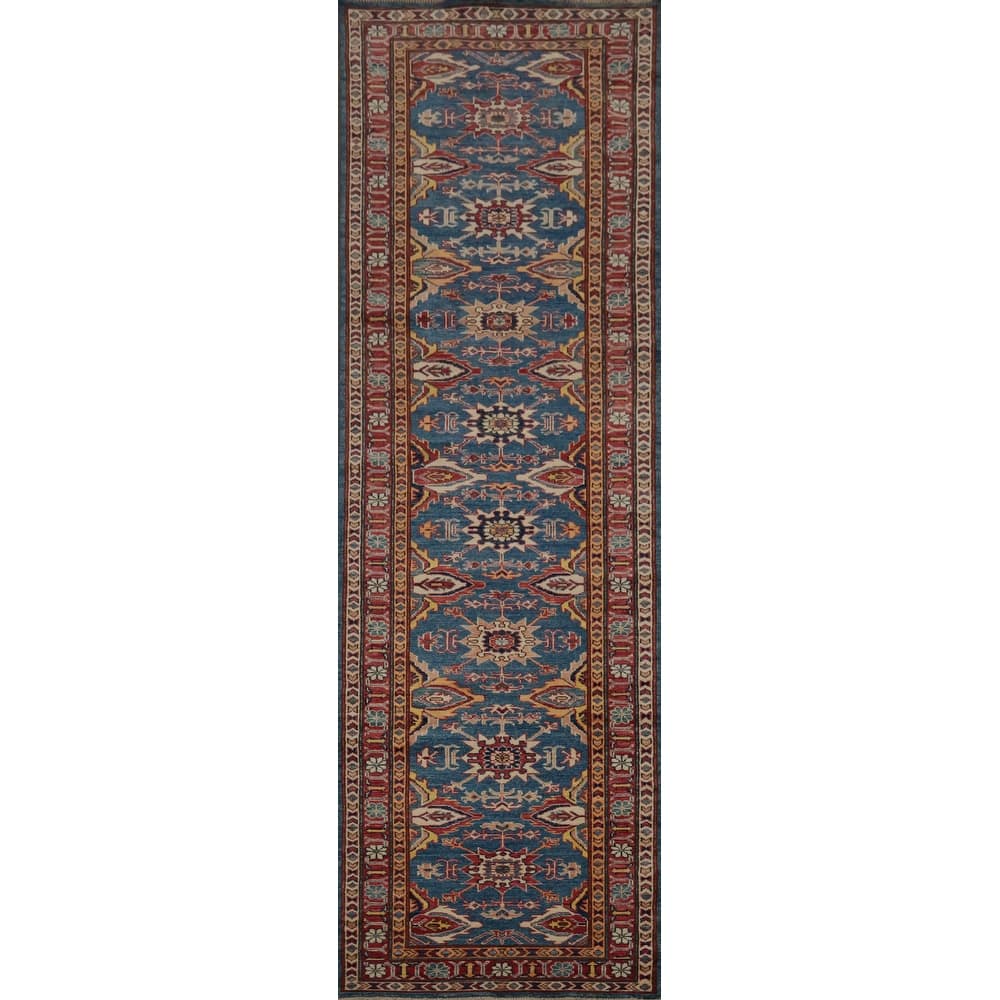 Hand Knotted Oriental 100% Wool Carpet Traditional Geometric Navy Blue & Blues Kazak Runner Rug - 9' 11'' X 2' 7''