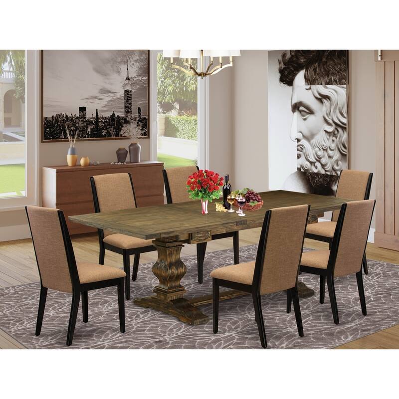 Hollywood Regency Dining Set - 7 Piece Wood Table & Chair Set - Black & Distressed Jacobean Finish - 92