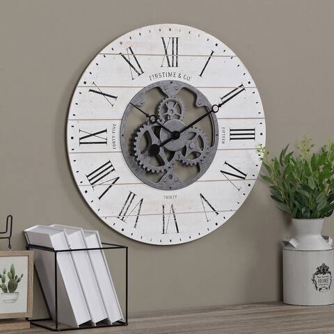 FirsTime & Co. Shiplap Gears Whitewashed Wall Clock