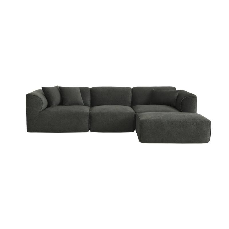 Double-Needle Cut Velvet Sofa, Upholstered Sofa with 1 Detachable Footstool & 3 Throw Pillows, Comfy 4-Seater Corner Sofa