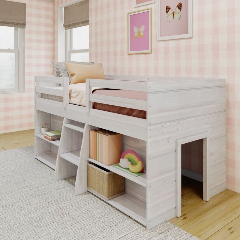 Max and Lily Farmhouse Twin Low Loft Bed with 2 Bookcases - White Wash