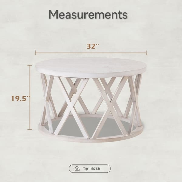 dimension image slide 0 of 4, COZAYH Farmhouse End Table, Rustic Round Coffee Table with X-Motifs Legs, Wood Textured Top for Boho, French Country Decor