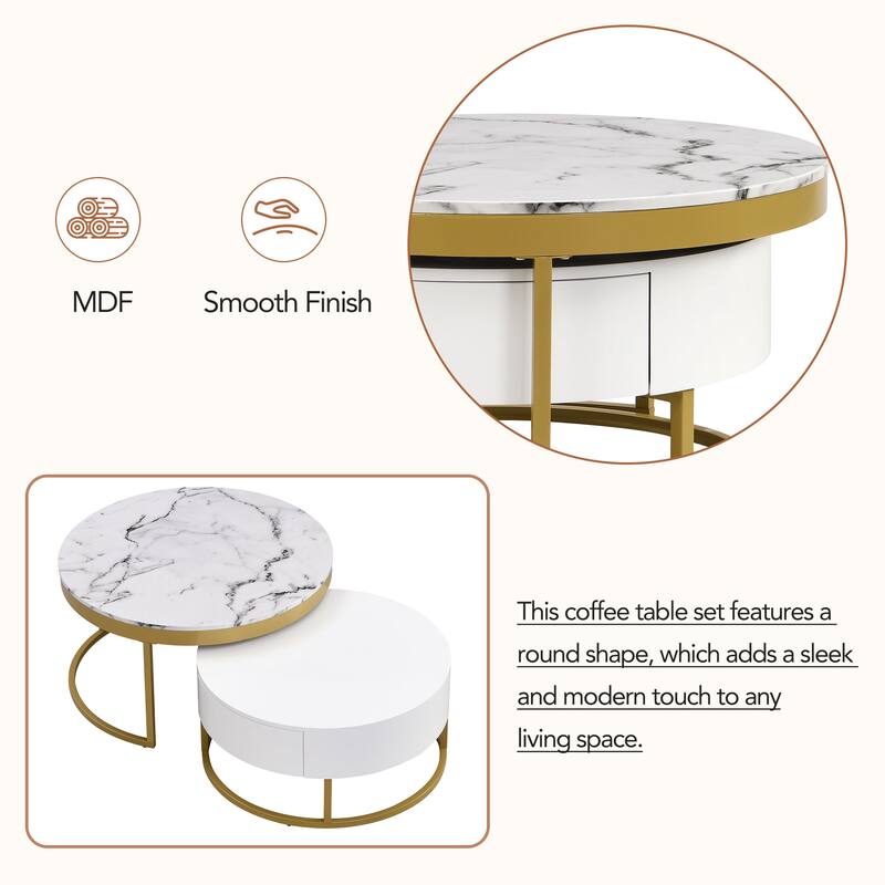 Round Nesting Coffee Table with Drawers in White