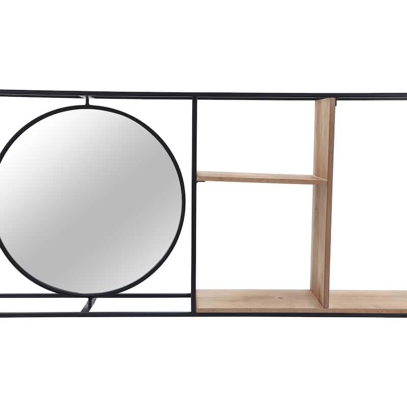 34" Wall Shelf with Mirror Contemporary Farmhouse Rustic Mounted Metal Shelf in Black/Brown with Mirror for Bathroom,