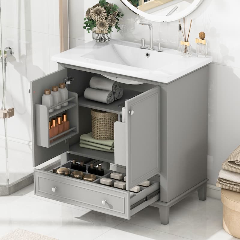 GDFStudio - Emerson 30-Inch Freestanding Bathroom Vanity with Ceramic Sink, Multi-functional Cabinet and Drawer - Grey - 30"