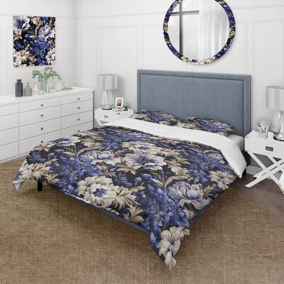 Designart "Regal Cobalt Blue Damask Ii Victorian Pattern" Cottage Bed Cover Set With 2 Shams