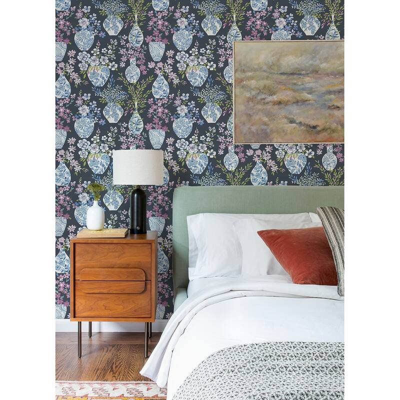 A-Street Prints Harper Charcoal Floral Vase Wallpaper