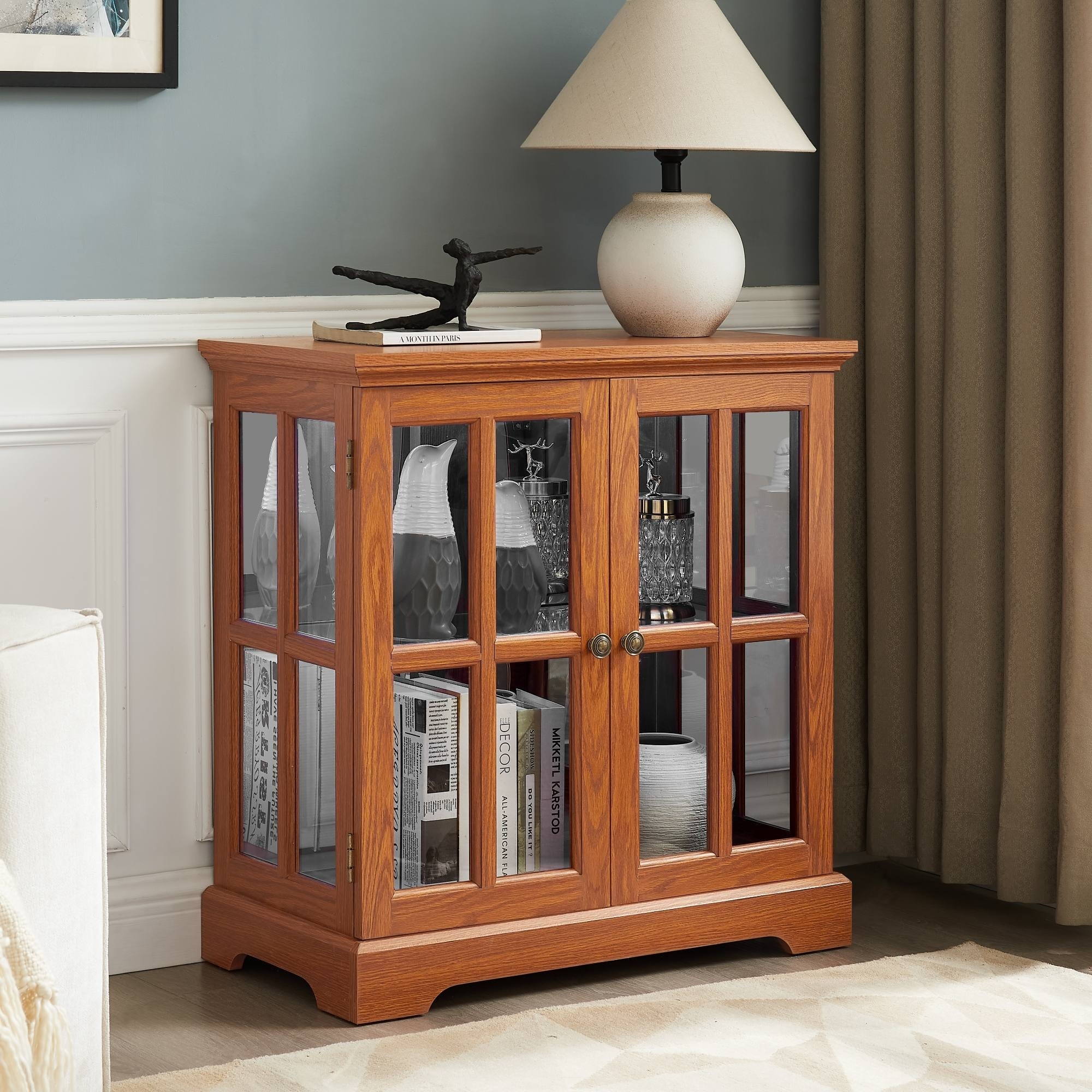 LED Curio Display Cabinet with Glass Doors Adjustable Shelves Retro Style