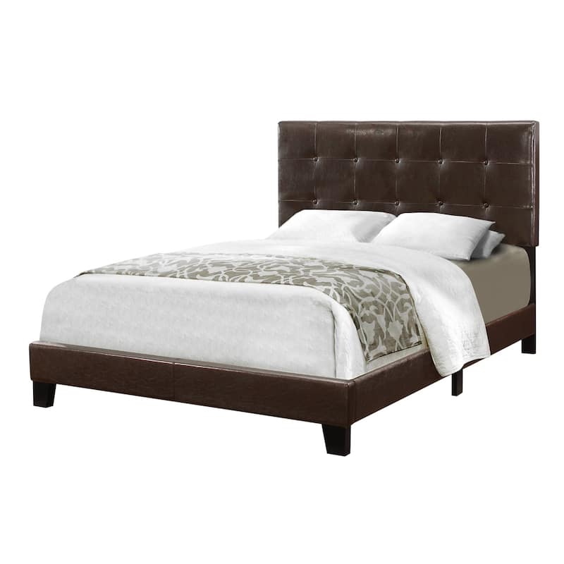 Brown Faux Leather Full Bed Frame with Wood Panel Headboard and Upholstered Design