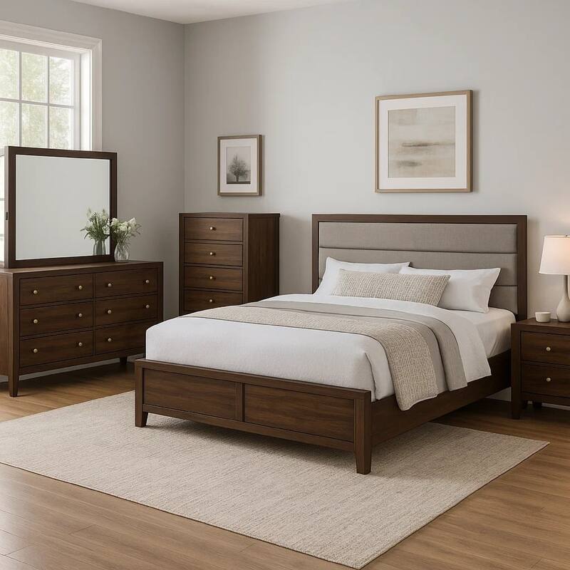 Yels 5 Piece King Bedroom Set, Gray Upholstery, Walnut Brown Wood