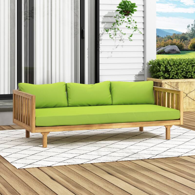 Acacia Wood 3 Seater Daybed Slat Panel Design Water Resistant Cushions - Green,Teak