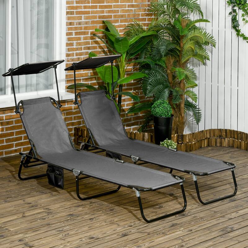 Outsunny Folding Chaise Lounge Pool Chairs, Outdoor Sun Tanning Chairs with Canopy Shade, Reclining Back - Grey