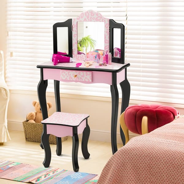 slide 2 of 10, Costway Kid Vanity Set Wooden Makeup Table Stool Tri-Folding Mirror - See Details Pink - See Details