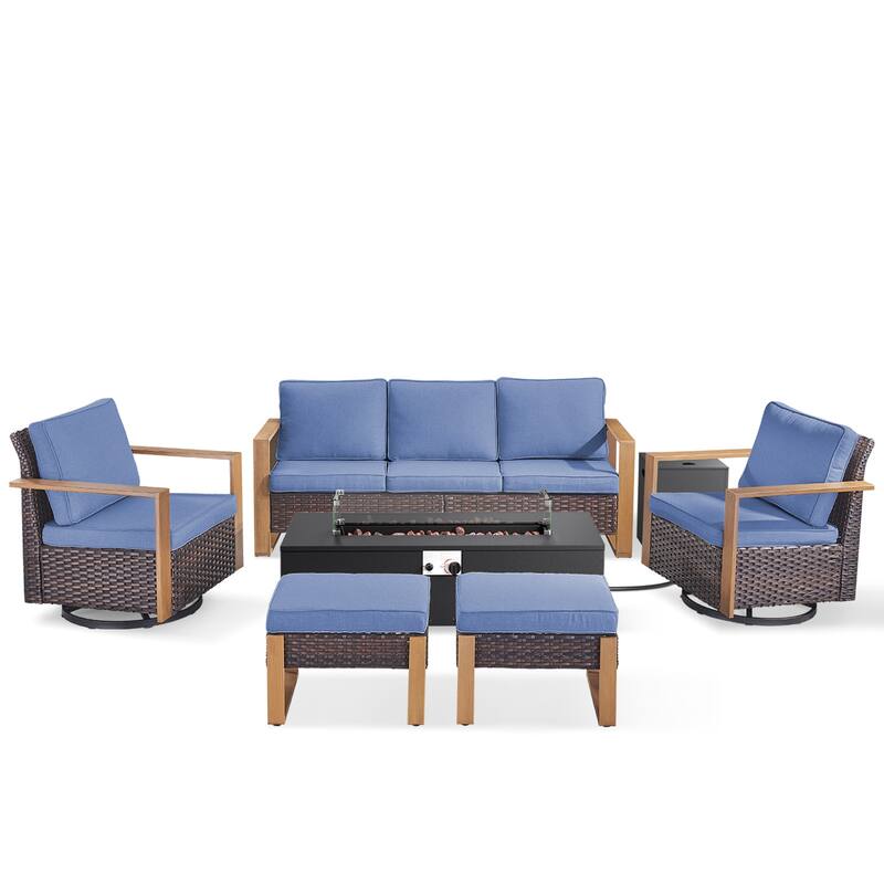 Pocassy 43 In Fire Pit w/ Outdoor Sofa Swivel Chair Ottoman Set