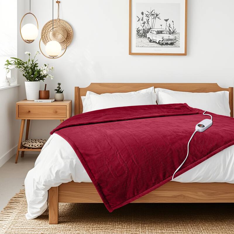 Reversible Flannel Electric Blanket, Heated Throw, Temperature and Timing Functions of a Controller