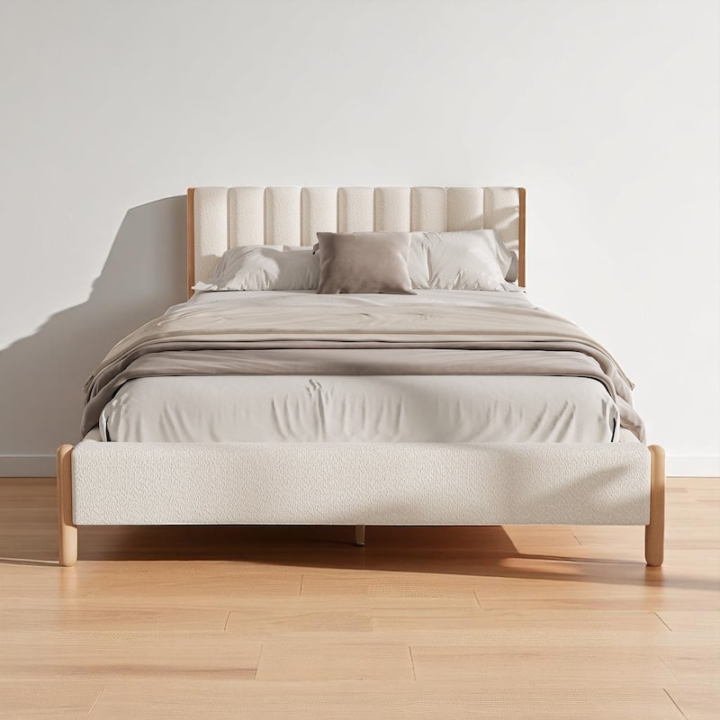 Queen/King Size Boucle Upholstered Platform Bed Frame with Solid Wood Legs and Padded Headboard, White