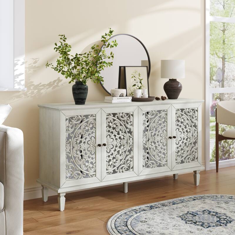 60" Antique Buffet Cabinet with Floral Carvings with Solid Wood Legs&Antique Brass Handles&Adjustable Shelves, TV Stand